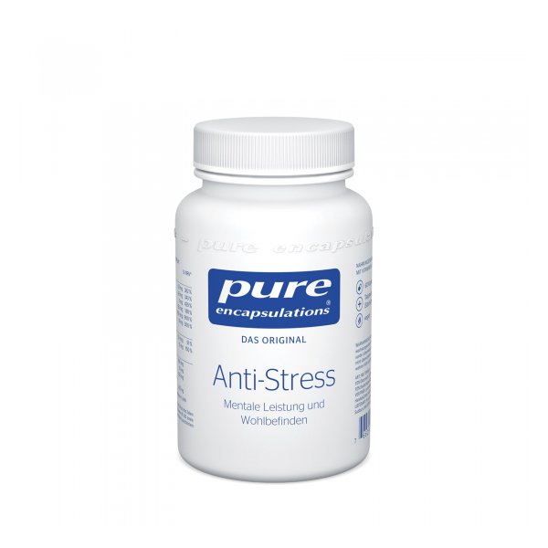 Weißer Flasche mit Schraubverschluss, beschriftet mit "Anti-Stress" und Infos zu mentaler Leistung und Wohlbefinden.