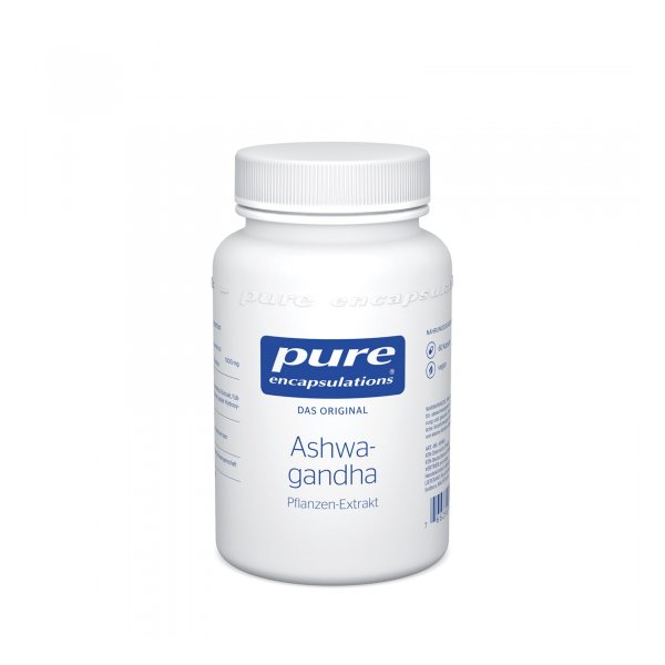 Weißer Kunststoffbehälter mit Schraubverschluss, gekennzeichnet mit 'Ashwagandha', Pflanzen-Extrakt von pure encapsulations.