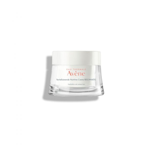 Glasbehälter mit Revitalisierender Nutritive Creme von Avène für empfindliche, sehr trockene Haut.