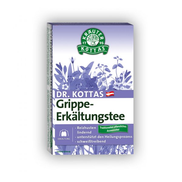 Verpackung des Dr. KOTTAS Grippe-Erkältungstees, blau mit Kräuterillustrationen und Beschreibung der Wirkungen.