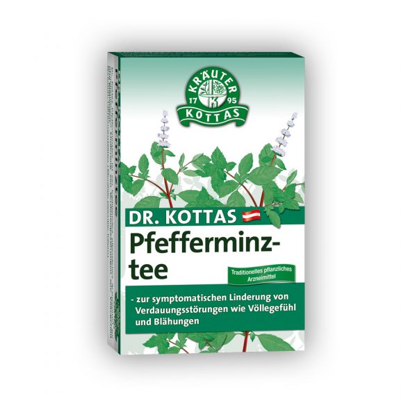 Verpackung von Dr. Kottas Pfefferminztee mit grünen Blättern und Beschreibung zur Linderung von Verdauungsstörungen.