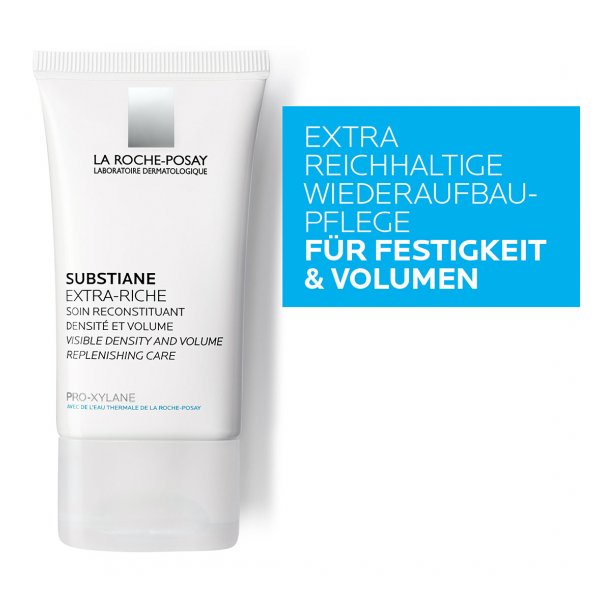 Tube mit Hautpflegecreme von La Roche-Posay, beschriftet als 'Substiane Extra-Rich' für Festigkeit und Volumen.