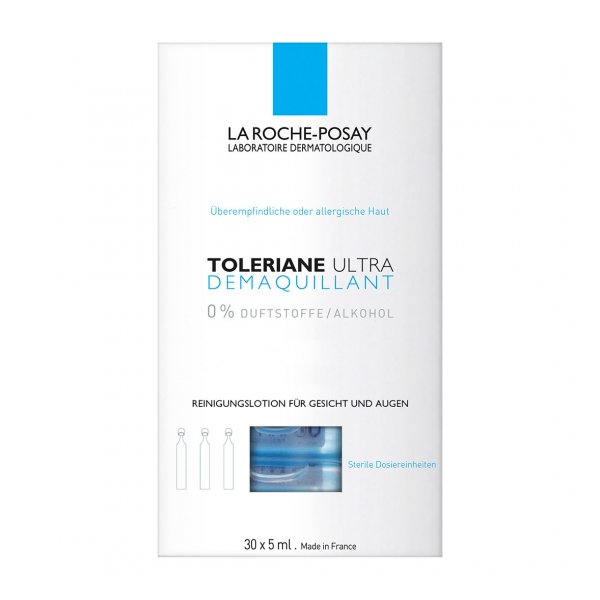 Verpackung der Toleriane Ultra Reinigungslo-sung von La Roche-Posay, ohne Duftstoffe und Alkohol, für empfindliche Haut.