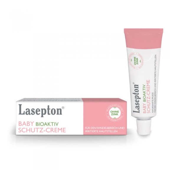 Lasepton Baby Bioaktiv Schutz-Creme in Tube und Verpackung, geeignet für empfindliche Hautstellen ohne Zink.