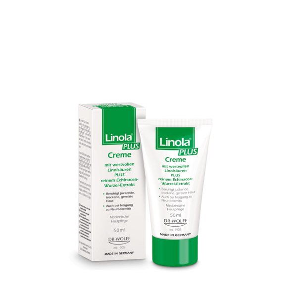 Linola PLUS Creme in einer weiß-grünen Tube, unterstützt die Hautpflege bei Neurodermitis und trockener Haut.