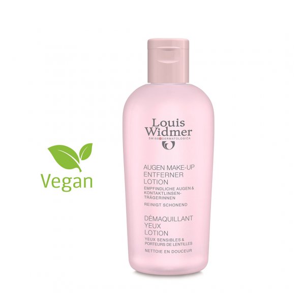 Rosa Flasche mit Augen Make-up Entferner Lotion von Louis Widmer, gekennzeichnet als vegan.