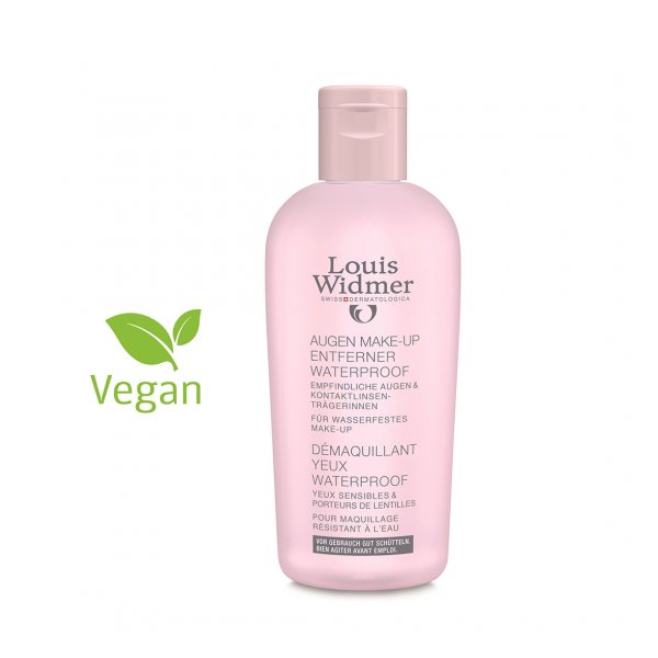 Flasche mit wasserfestem Augen-Make-up-Entferner von Louis Widmer, rosa Verpackung, vegan gekennzeichnet.