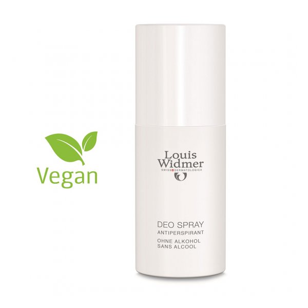 Weißes Antiperspirant Deo Spray von Louis Widmer mit veganem Label und ohne Alkohol.