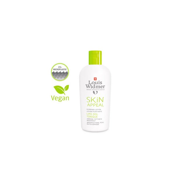 Flasche mit Klärender Lotion von Louis Widmer, vegan, mit einem Hinweis auf 0% Mikroplastik.