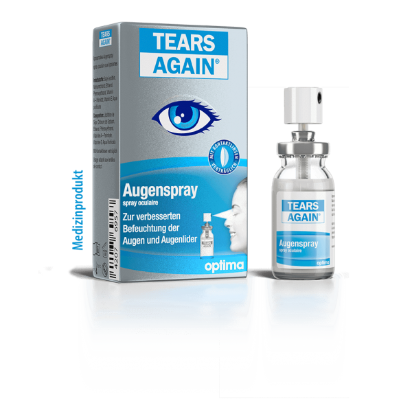 Verpackung und Flasche des Augensprays "TEARS AGAIN" für die Befeuchtung von Augen und Augenlidern.