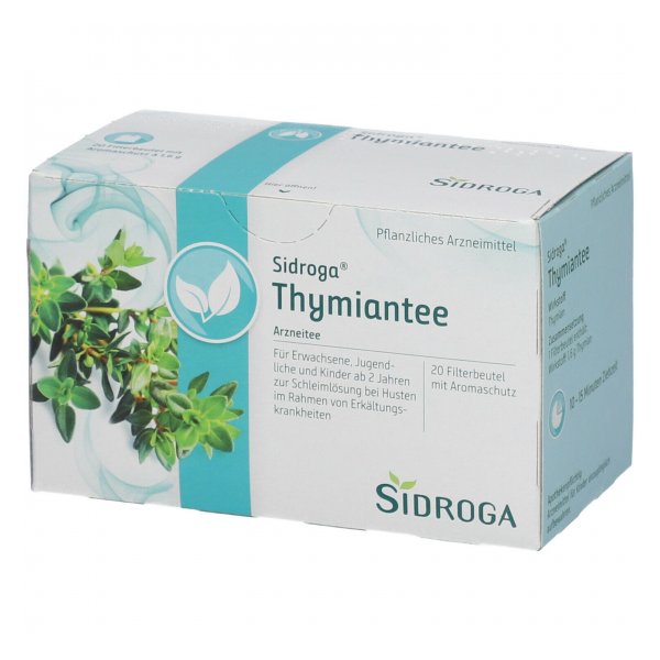 Verpackung von Sidroga Thymiantee mit Kräuterillustration und Informationen zur Anwendung.