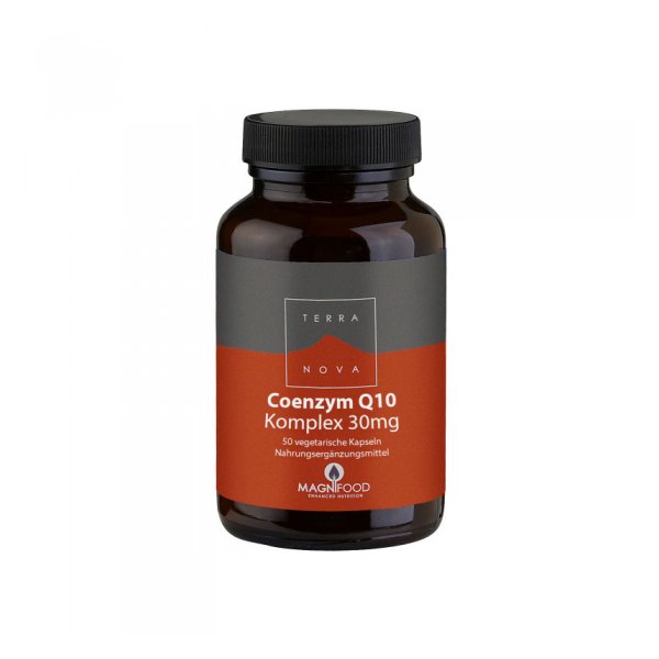 Brauner Glasbehälter mit schwarzem Deckel, etikettiert mit 'Coenzym Q10 Komplex 30mg', enthält 50 veget. Kapseln.