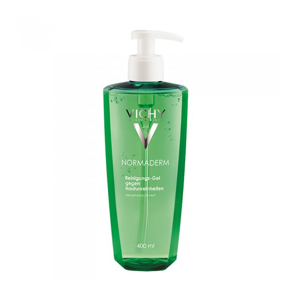 Grünes Vichy Normaderm Reinigungs-Gel in einer durchsichtigen Flasche mit Spenderpumpe, für empfindliche Haut.