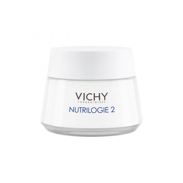 Eine weiße Cremedose mit einem klaren Deckel, beschriftet mit "VICHY NUTRILOGIE 2".