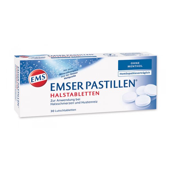 Verpackung der Emser Pastillen, Halstabletten zur Linderung von Halsschmerzen und Hustenreiz, ohne Menthol.