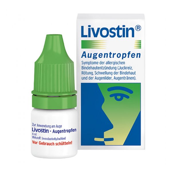 Flasche mit grüner Tropfpipette, umgeben von Verpackung für Livostin Augentropfen zur Linderung allergischer Symptome.