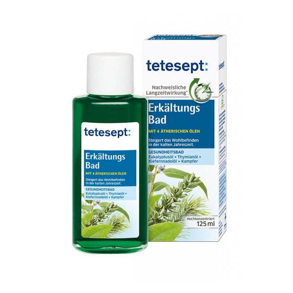 Flasche mit tetesept Erkältungsbad, enthält 4 ätherische Öle für das Wohlbefinden in der kalten Jahreszeit.