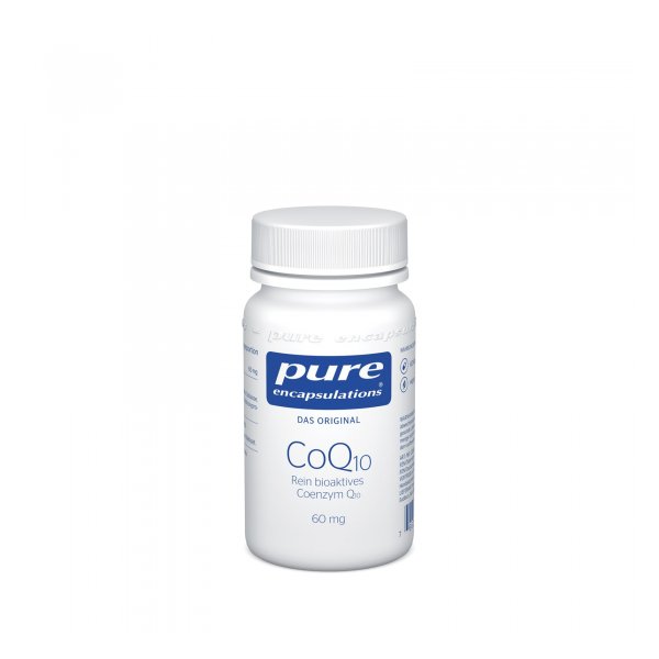 Weißes Pillenfläschchen mit blauer Aufschrift, das Coenzym Q10 in 60 mg enthält.