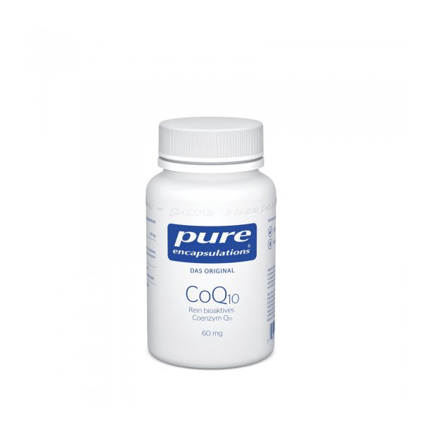 Weißer Kunststoffbehälter mit Schraubverschluss, beschriftet mit "CoQ10, Rein bioaktives Coenzym Q10, 60 mg".