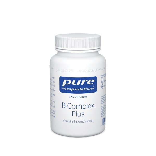 Weißer Plastiktiegel mit blauer Beschriftung, enthält B-Komplex-Vitamine.