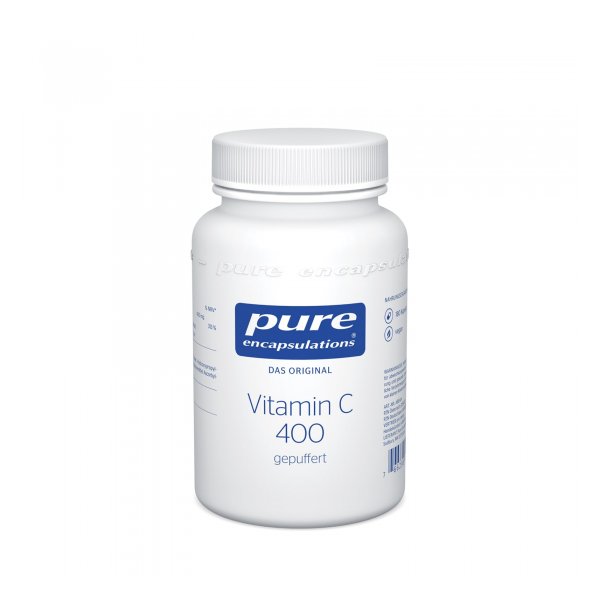 Weißer Kunststoffbehälter mit blauem Etikett, beschriftet mit "Vitamin C 400 gepuffert" und Angaben zur Nahrungsergänzung.