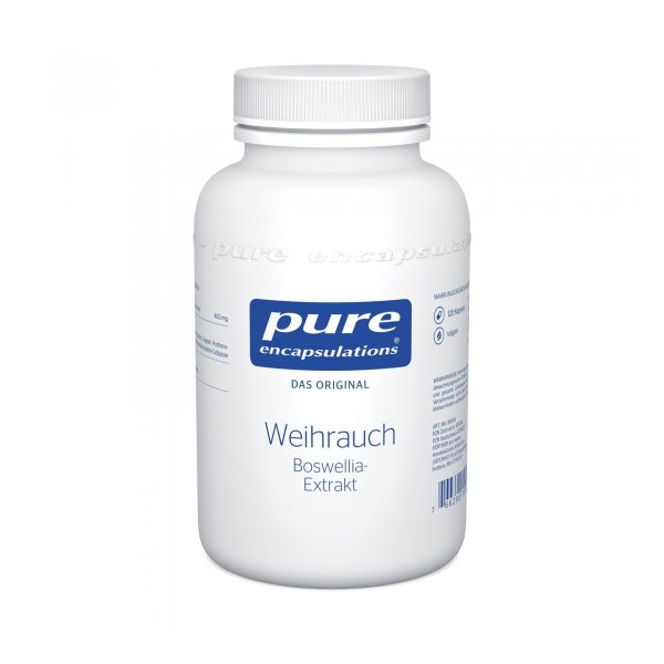 Weißer Kunststoffbehälter mit blauer Schrift, etikettiert mit "Weihrauch Boswellia-Extrakt" von Pure Encapsulations.