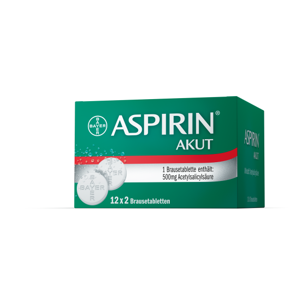 Paket mit 12 Brausetabletten ASPIRIN AKUT in grün-blauer Verpackung von Bayer, roter Linie und Blasen-Dekor.