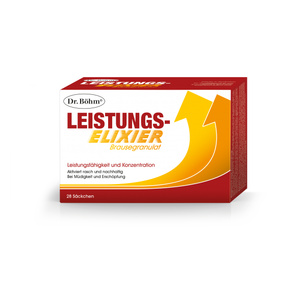 Verpackung des Dr. Böhm Leistungs-Elixier Brausegranulats in einer Box mit auffälliger Farbgestaltung.