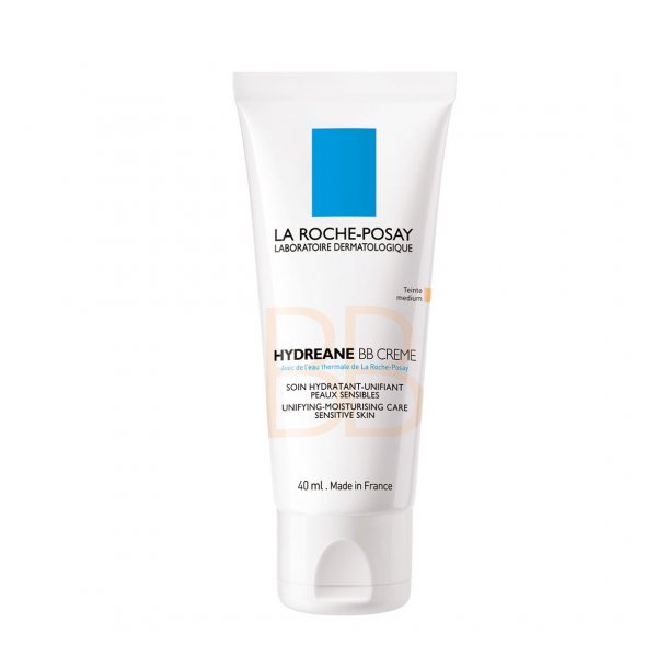 Gleitende Tube mit Hydreane BB Creme von La Roche-Posay für sensible Haut in mittlerer Farbnuance.