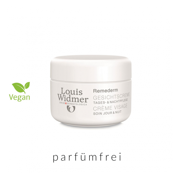 Weißes Tiegelgefäß mit Gesichtscreme von Louis Widmer, vegan und parfümfrei, Inhaltshinweise auf dem Etikett.