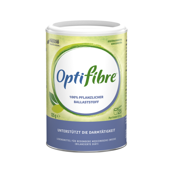Dose mit Optifibre, einem 100% pflanzlichen Ballaststoff, zur Unterstützung der Darmtätigkeit.