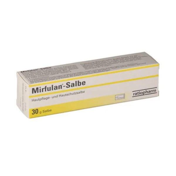 Verpackung einer Mirfulan-Salbe in einer schlanken Tube mit gelben Akzenten und detaillierten Produktinformationen.