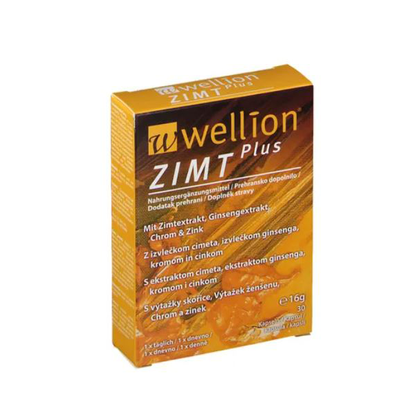 Verpackung von Wellion Zimt Plus Nahrungsergänzungsmittel mit Zimt- und Ginseng-Extrakt, Chrom und Zink.