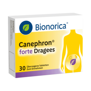 Verpackung von Cannephron forte Dragees in Gelb und Blau, mit Abbildung einer menschlichen Silhouette und Nieren.