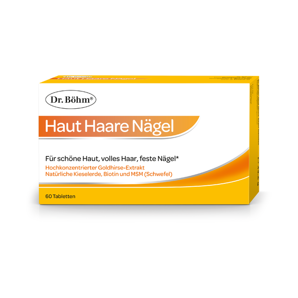 Verpackung von Dr. Böhm Haut Haare Nägel, orange und weiß, enthält 60 Tabletten, angereichert mit Biotin und Goldhirse-Extrakt.