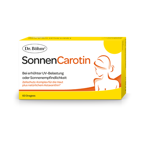 Verpackung von Dr. Böhm SonnenCarotin, zur Unterstützung bei UV-Belastung, mit einer stilisierten Silhouette einer Frau.
