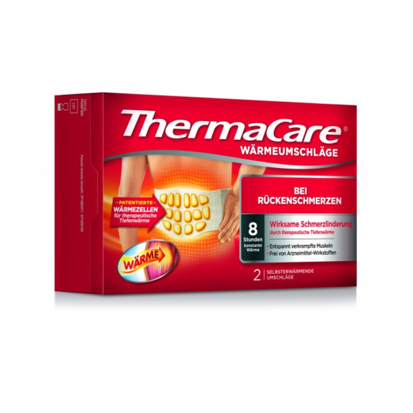 Verpackung von ThermaCare Wärmumschlägen zur Schmerztherapie bei Rückenschmerzen.