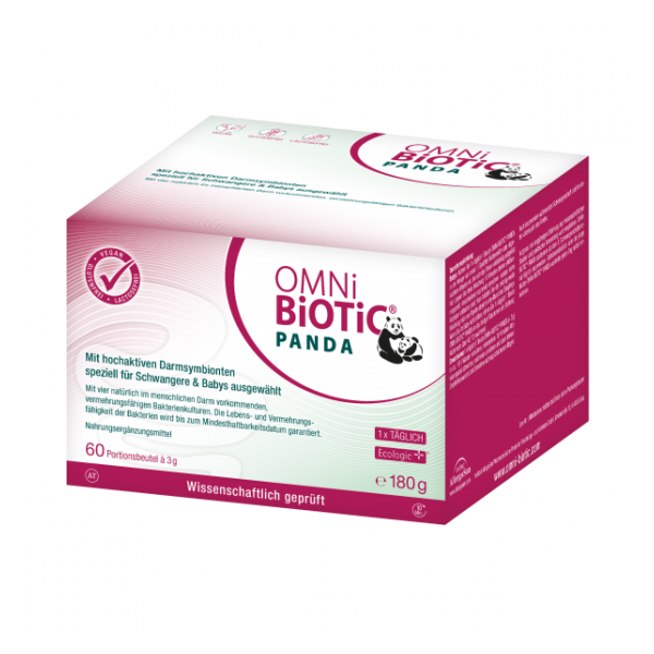 Verpackung des Produkts OMNi BiOTiC Panda, ein Nahrungsergänzungsmittel mit vier aktiven Darmbakterien für Schwangere und Babys.