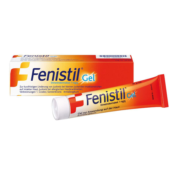 Fenistil Gel-Tube mit einer Verpackung, beschriftet zur Linderung von Juckreiz und Hautirritationen.