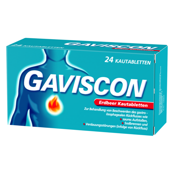 Packung mit Gaviscon Erdbeer Kautabletten zur Linderung von sauer bedingten Magenbeschwerden.