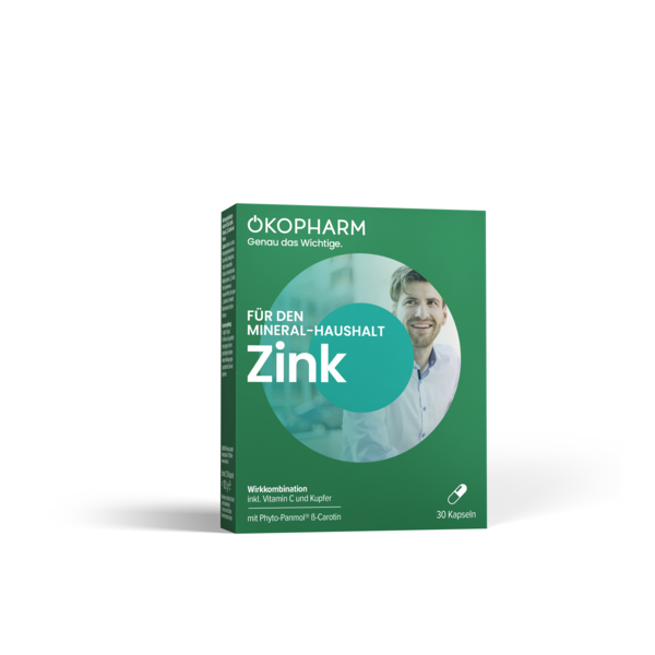 Packung mit Zink-Kapseln für den Mineralhaushalt, inklusive Vitamin C und Kupfer, enthalten 30 Kapseln.