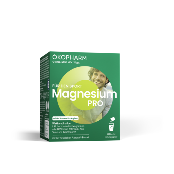 Produktverpackung von ÖKOPHARM Magnesium PRO mit Informationen zur Wirkstoffkombination für Sportler.