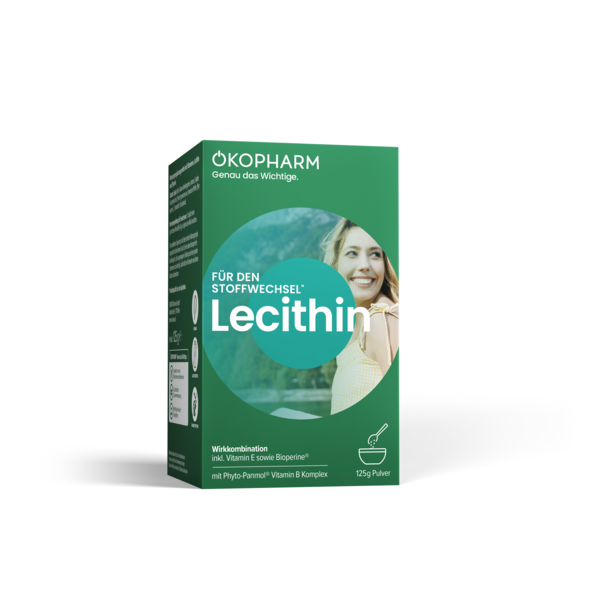 Verpackung von Lecithin für den Stoffwechsel mit Vitaminen und Bioperine, grün mit Abbildungen und Informationen.