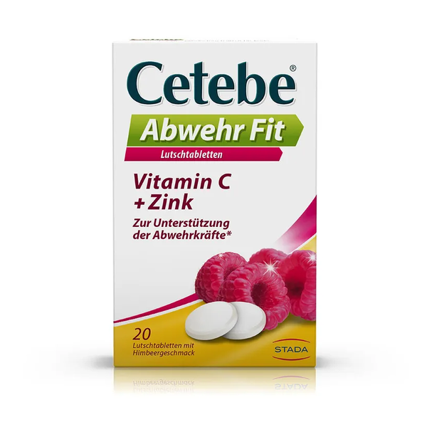 Verpackung von Cetebe Abwehr Fit Lutschtabletten mit Himbeergeschmack, enthält Vitamin C und Zink zur Unterstützung der Abwehrkräfte.