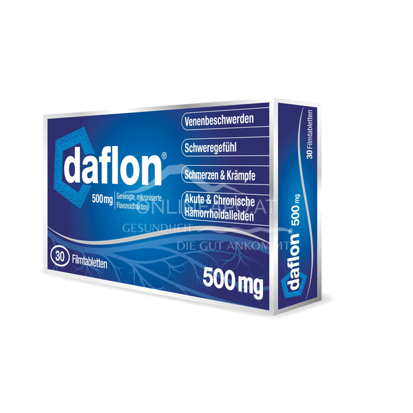 Verpackung von Daflon 500mg, erscheint als Box mit blauer Farbe und Informationen zu Venenbeschwerden und Hämorrhoidalleiden.