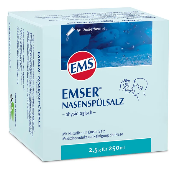 Weißer Karton mit der Aufschrift 'Emser Nasenspülsalz' und einer Abbildung eines Dosierbeutels. 50 Beutel enthalten.