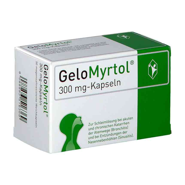 Packung mit GeloMyrtol 300 mg-Kapseln zur Behandlung von Atemwegserkrankungen und Entzündungen.