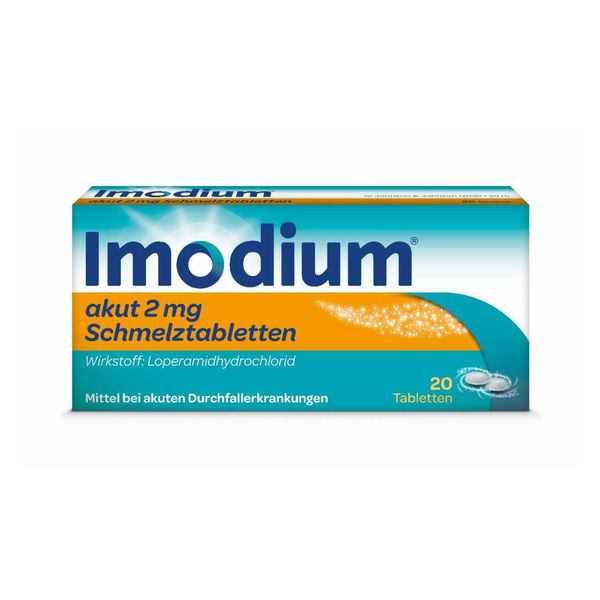 Packung mit 20 akuten 2 mg Schmelztabletten Imodium zur Behandlung von Durchfallerkrankungen, orange-blaue Gestaltung.