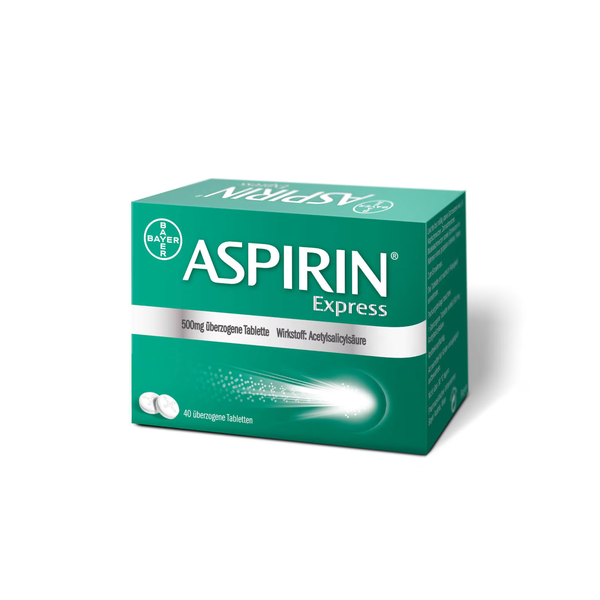 Verpackung von Aspirin Express, 500 mg überzogene Tabletten, mit einer grafischen Darstellung von Effizienz.