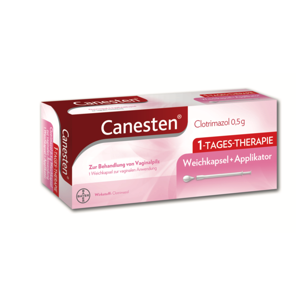 Packung von Canesten 1-Tages-Therapie mit Weichkapsel und Applikator zur Behandlung von Vaginalpilz.